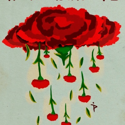 Ilustração de cravos vermelhos com texto em fundo cinzento claro