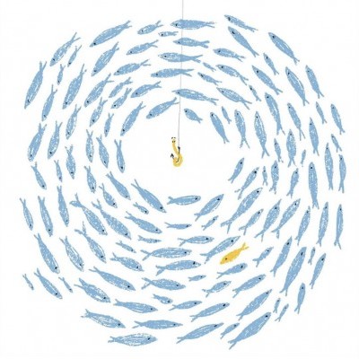 Desenho de cardume de peixes azuis em espiral com um peixe amarelo e um anzol dourado no centro