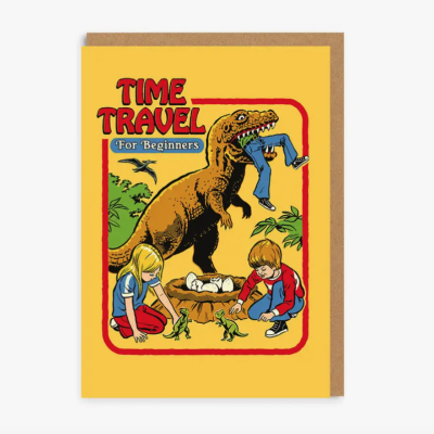 Cartão ilustrado com dinossauro e crianças brincando com dinossauros