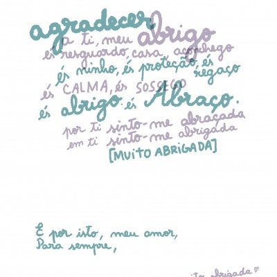 Texto artístico colorido com palavras de agradecimento, assinatura do texto e ilustração