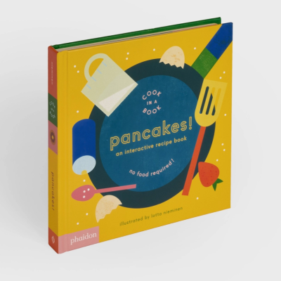 Livro de receitas interativo sobre panquecas com capa amarela e ilustrações coloridas