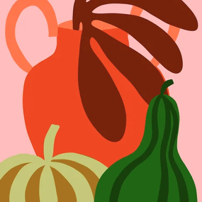 Ilustração de jarra laranja com folhas marrons e dois vegetais verde e bege