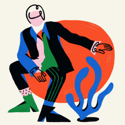 Ilustração de figura humana colorida com roupa formal em fundo abstrato laranja e azul