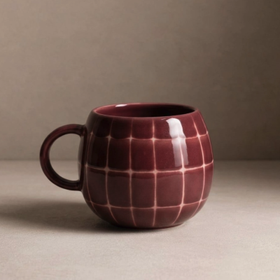 Caneca bordô de cerâmica com padrão xadrez e pega arredondada