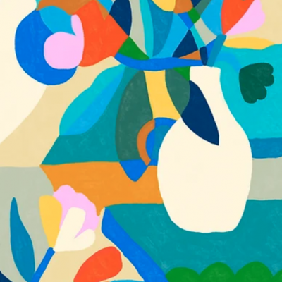 Pintura abstrata de vaso branco com flores coloridas em tons vibrantes