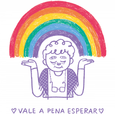 Desenho de figura feminina com arco-íris colorido e texto em português