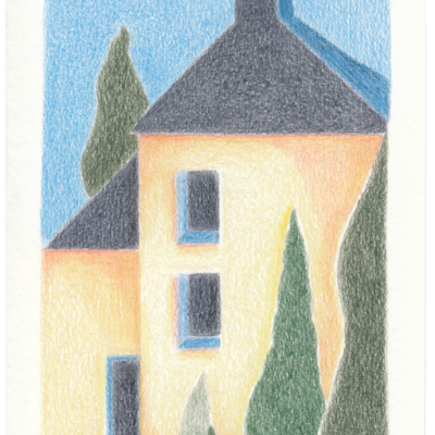 Desenho a lápis de casa amarela com telhado cinza e árvores verdes