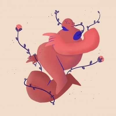 Figura abstrata cor-de-rosa com linhas de flores roxas e fundo bege