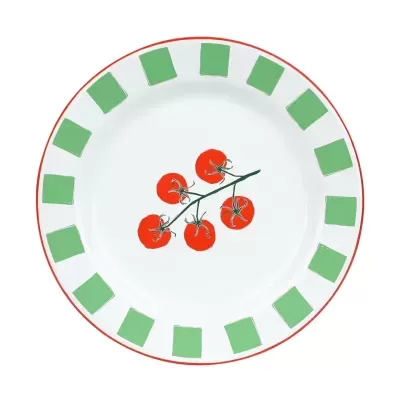 Prato redondo branco com quadrados verdes e tomate desenhado no centro