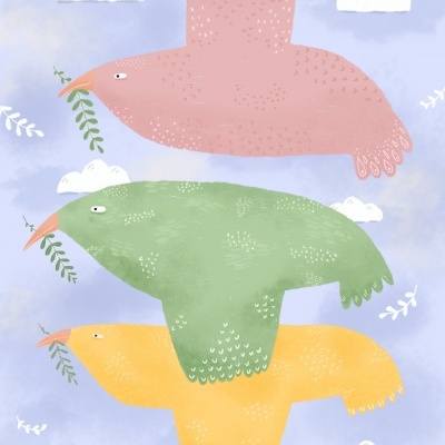 Ilustração de três pássaros coloridos voando segurando ramos em fundo azul