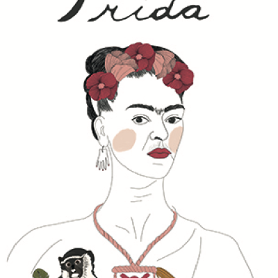 Ilustração de Frida Kahlo com flores vermelhas, colar com amuleto, pequeno macaco e texto 'Frida'.