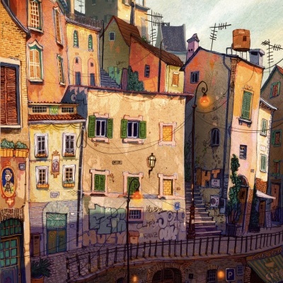 Ilustração de rua com edifícios coloridos, grafitis e escadaria