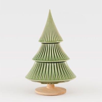 Árvore de Natal decorativa verde em cerâmica com base de madeira