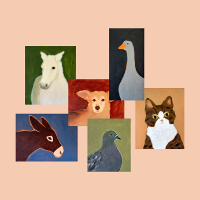 Seis pinturas de animais: cavalo, cão, ganso, burro, pomba e gato, cada um com fundo colorido diferente.