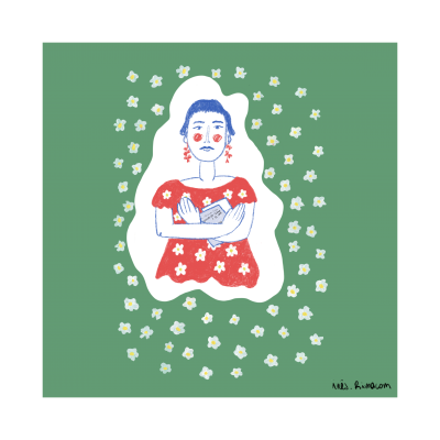 Ilustração colorida de mulher azul com vestido vermelho e flores ao redor