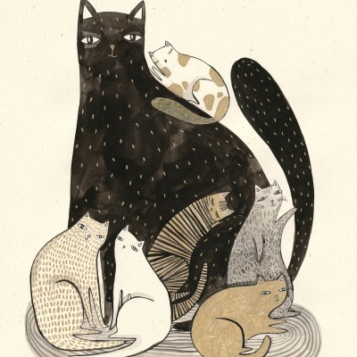 Ilustração de sete gatos de várias cores e padrões sobre fundo creme