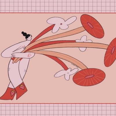 Ilustração digital colorida com figura humana estilizada e elementos abstratos em tons rosa e vermelho