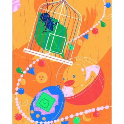 Ilustração de gaiola branca com inseto azul, ovo amarelo com rosto e esfera azul com ecrã em fundo laranja.