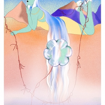 Ilustração digital de uma figura feminina com pele verde e cabelo longo branco sobre fundo de montanhas coloridas