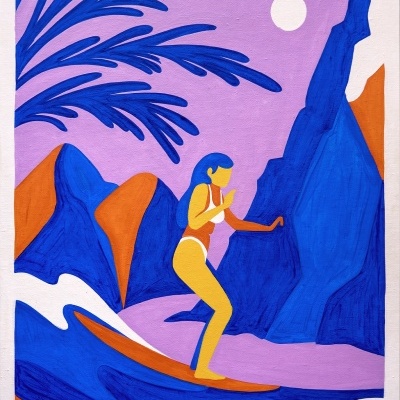 Ilustração de mulher a fazer surf em paisagem de montanhas e rio coloridos