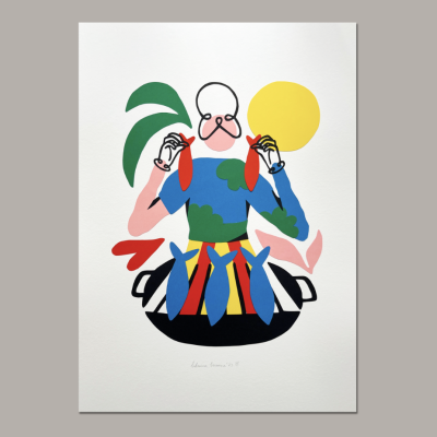 Ilustração abstrata colorida de uma figura humana sentada com elementos gráficos coloridos em fundo branco