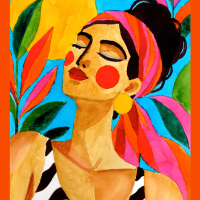 Ilustração aguarela mulher com lenço rosa e laranja, brincos amarelos e roupa preto e branco, fundo azul, folhas verdes e círculo amarelo.