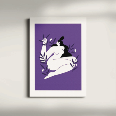 Quadro com ilustração minimalista de figura humana em fundo roxo