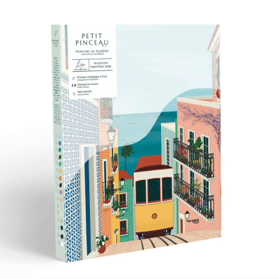 Kit de pintura por números com tema Lisboa, ilustração de elétrico e prédios coloridos
