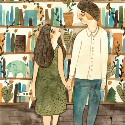 Ilustração de casal junto a estante com livros e plantas em tons terrosos