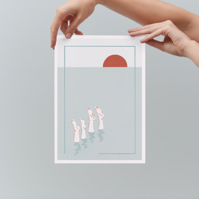 Poster minimalista com pés e sol vermelho