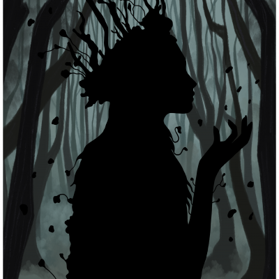 Silhueta feminina preta com ramos na cabeça em floresta enevoada