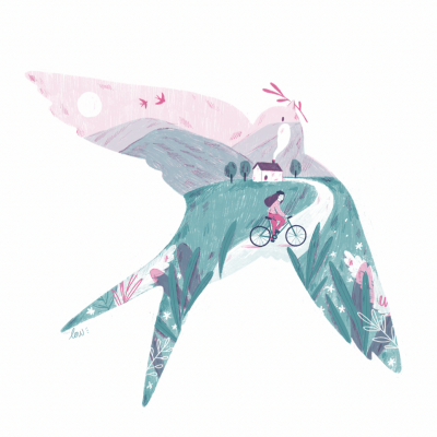 Ilustração de pássaro com cena interior de bicicleta e paisagem cor-de-rosa e verde