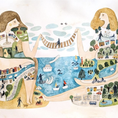 Ilustração de duas figuras femininas com paisagens urbanas e naturais desenhadas dentro delas e ponte ligando as mãos.