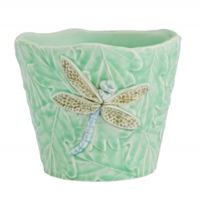 Vaso de cerâmica verde com libélula em relevo