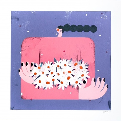 Ilustração abstrata de uma pessoa segurando flores brancas