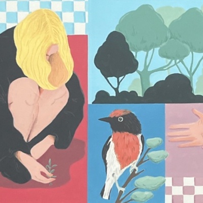 Ilustração com mulher, árvores, pássaro e mãos sobre fundos coloridos em estilo artístico.