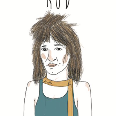 Desenho de pessoa com cabelo castanho, camisola azul escura e cachecol amarelo, texto 'ROD' acima.