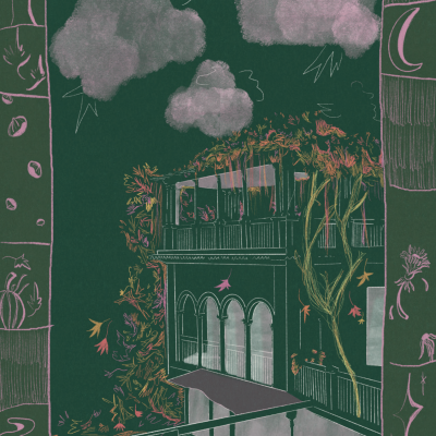 Ilustração de varanda com arcadas, árvores e nuvens em tons verdes e rosa com moldura decorativa