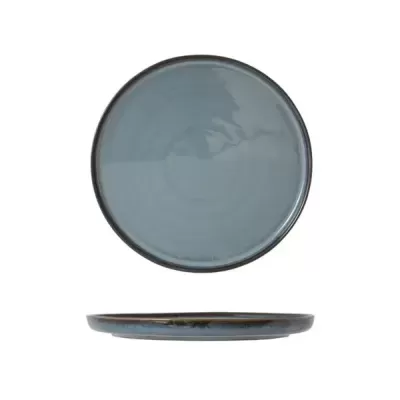 Prato redondo azul acinzentado em cerâmica com bordo elevado