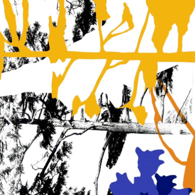 Composição abstrata com formas em amarelo, azul e preto sobre fundo branco com texturas que lembram galhos