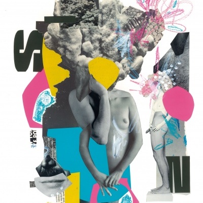 Colagem artística com corpo humano, formas geométricas e desenhos em vários tons