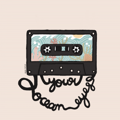 Ilustração de cassete preta com design do mar e fita formando texto