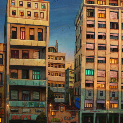 Prédios urbanos altos com janelas iluminadas e grafitis nas paredes inferiores sob céu azul.