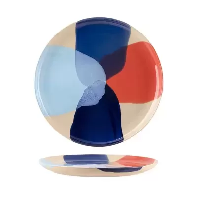 Prato redondo de cerâmica com padrão abstrato colorido
