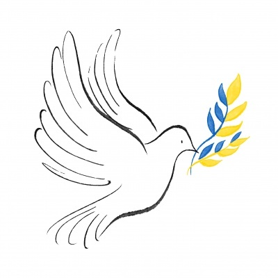 Desenho a preto de pomba com ramo amarelo e azul no bico