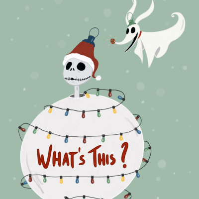 ilustração de esqueleto com gorro dentro de bola de Natal com luzes e texto em inglês, com fantasma ao lado