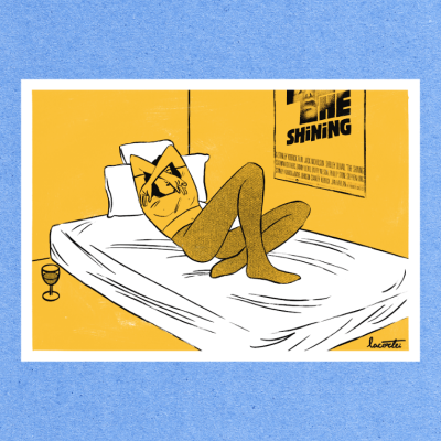 Ilustração de pessoa numa cama branca e parede amarela com cartaz THE SHINING