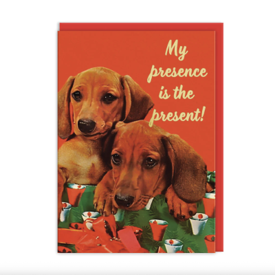 Cartão com ilustração de dois cães Dachshund e texto em inglês