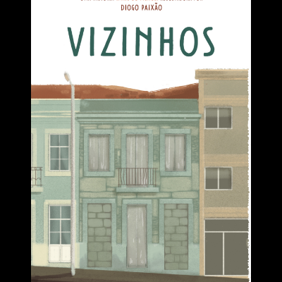 Capa do livro Vizinho com desenho de fachada de prédio urbano e texto do título e autor.