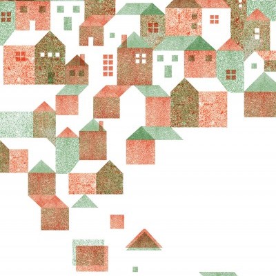 Ilustração de casas estilizadas vermelho verde em fundo branco